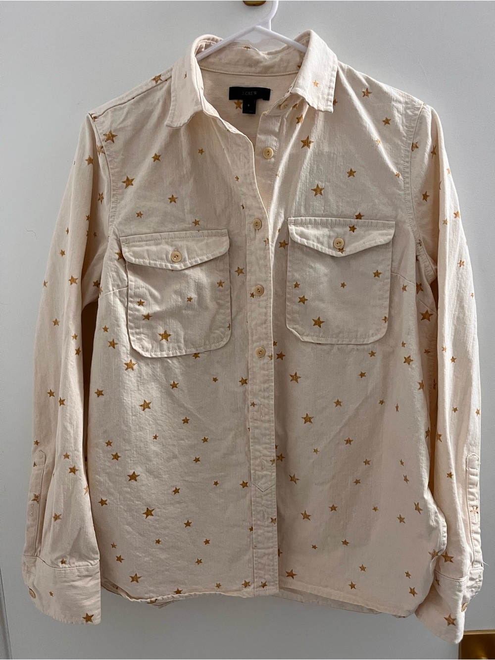 J. Crew Cream 100% Cotton Button-Up Shirt Jacket Shacket with Gold Star Print